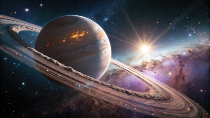 Wall Mural - massive planet with glowing rings, translucent beauty in cosmic space.