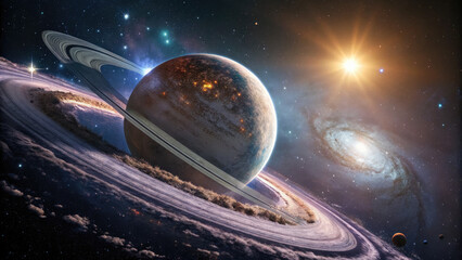 Wall Mural - massive planet with glowing rings, translucent beauty in cosmic space.