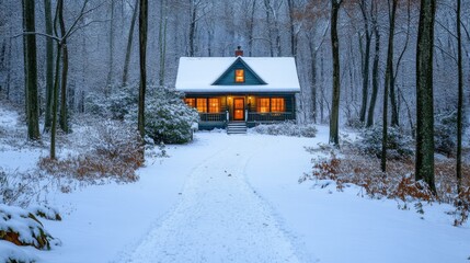 Poster - A Cozy Cabin Nestled in a Snowy Forest with a Path Leading to Its Door