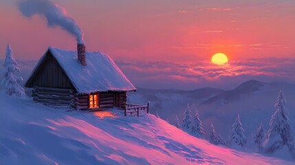 Poster - A Cozy Cabin Nestled in a Snowy Mountain Landscape at Sunset