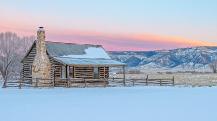 Poster - Rustic Log Cabin in a Snowy Mountain Landscape at Dawn