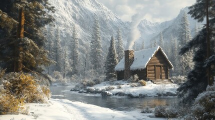 Poster - A Cozy Log Cabin in a Snowy Mountain Forest by a River