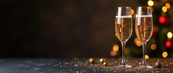 Wall Mural - Two glasses of champagne on dark background with golden lights bokeh, glitter and sparks. Merry Christmas and Happy New Year. Anniversary, birthday, wedding, event celebration. Template with cpase