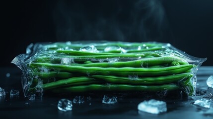 Poster - Fresh Green Beans Wrapped in Plastic with Ice Cubes