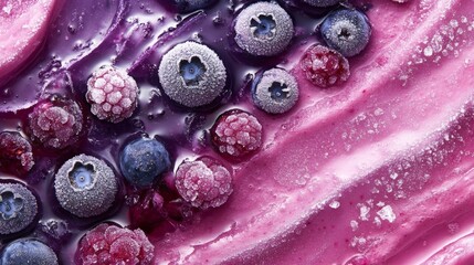 Poster - Close-up of Frozen Blueberries and Raspberries in Purple Juice