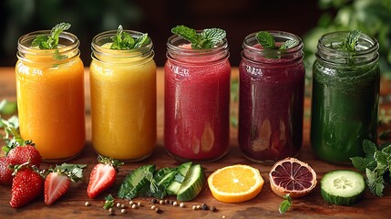 Wall Mural - Colorful jars of fresh smoothies line a wooden table, surrounded by vibrant fruits and herbs, showcasing healthy options for a refreshing drink.