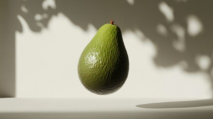 Wall Mural - A single avocado fruit hovers in mid-air, casting a shadow on a white surface, illuminated by a soft light.