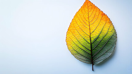 Wall Mural - a single autumn leaf with vibrant yellow, orange, and green colors against a white background.