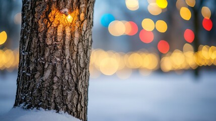 Poster - Tree Trunk With a String of Lights Against a Blurred Background