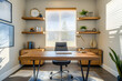 © NOOPIAN - Modern home office with sleek wooden furniture, floating shelves, and natural light streaming through blinds.