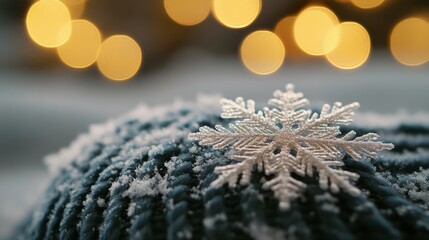 Poster - A Silver Snowflake on a Blue Knit Fabric Covered in Snow with Blurry Yellow Lights in the Background