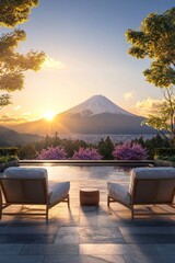 Wall Mural - Luxurious terrace with cozy armchairs, and a view of Mount Fuji during sunrise.