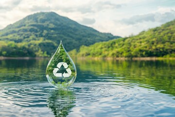 transparent water droplet with a recycling symbol reflects nature's beauty in a serene landscape, em