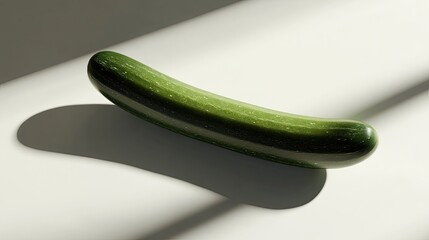 Wall Mural - A single green cucumber lays on a white surface with light shining from the top.