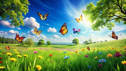 serenity of spring: a lush green panorama with fluttering butterflies under a clear blue sky, perfec