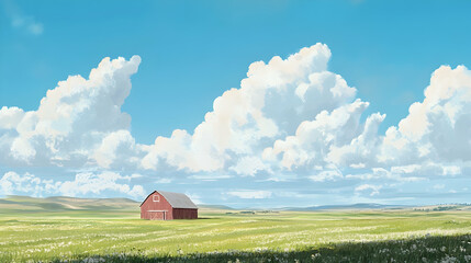 Poster - A single red barn sits in a field of wildflowers under a bright blue sky with fluffy white clouds.