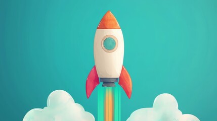 Wall Mural - A colorful rocket taking off surrounded by clouds against a bright background, symbolizing exploration and adventure.