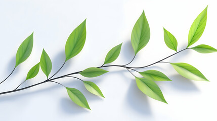 Wall Mural - A slender twig with vibrant green leaves casts soft shadows on a white background, symbolizing growth and new beginnings.