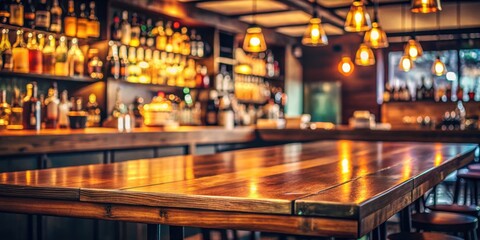 Poster - Empty wooden table in a dimly lit bar with a blurred background of shelves stocked with liquor bottles and hanging light fixtures