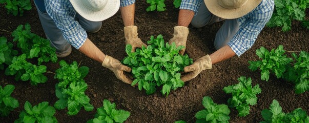 Wall Mural - Two people wearing hats and gloves are tending to lush green plants, working together in a garden filled with rich soil.