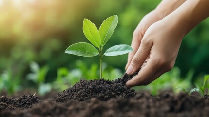 Wall Mural - A person gently plants a young sapling into the soil, symbolizing growth, nurturing, and environmental care in a lush, green setting.