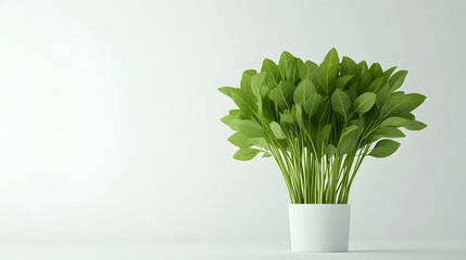 Wall Mural - a small potted plant with green leaves sits on a white surface in front of a white wall.