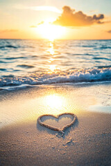 Wall Mural - beautiful sunrise at the beach with a heart drawn on the sand generative ai