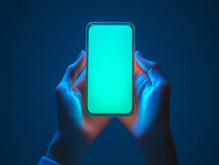 Poster - person holding smartphone with glowing screen in dark setting, showcasing modern technology and digital interaction