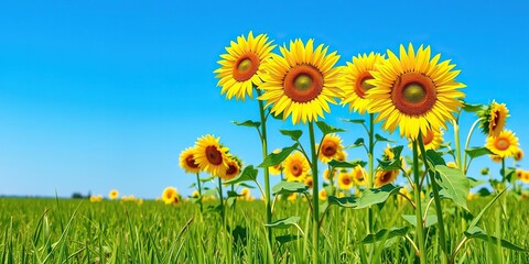 Wall Mural - large bright yellow sunflowers standing upright in a field on a sunny day surrounded by green grass 