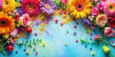 Poster - A vibrant floral arrangement with a mix of colorful blooms and festive confetti, creating a joyous and celebratory atmosphere.