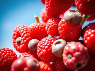 Wall Mural - Fresh ripe raspberries contrasting with clear blue sky background, vibrant colors, delicious, contrast