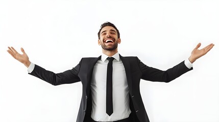 Wall Mural - Ai Generative happy business man in a suit white background