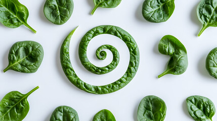 Wall Mural - a spiral made of fresh spinach leaves on a white background.