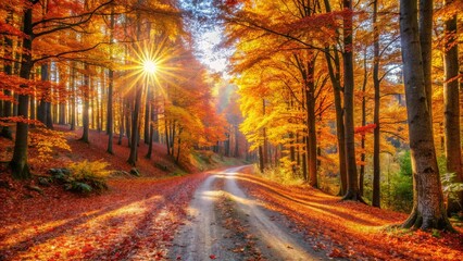  Golden Sunbeams Filtering Through Autumnal Foliage, Illuminating a Serpentine Path Winding Through a Forest of Vibrant Hues