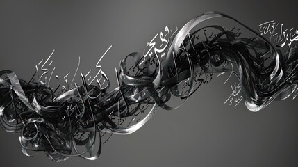 Abstract calligraphic design with intricate metallic swirls and Arabic script.