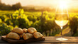 © fastfoodslayer - Argentinian empanadas with beef filling, viewed on a wooden table with vineyards in the background, evening lighting, high texture detail
