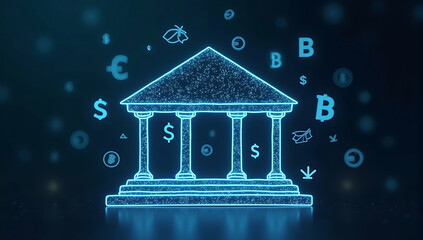 A digital bank building icon overlaid with various digital currency symbols, symbolizing the transition from traditional banking to fintech.