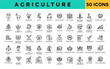 © Gravisio - Agriculture icons set with sheep, goat, beekeeping, honey, pollination, farmers market, farm to table, agriculture education, agricultural research, farming community icon. Simple line vector