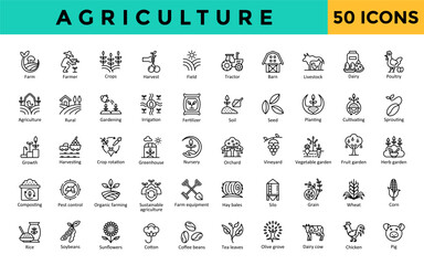 Wall Mural - Agriculture icons set with farm, farmer, crops, harvest, field, tractor, barn, livestock, dairy, poultry icon. Simple line vector 
