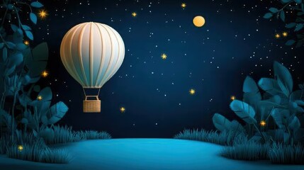 Wall Mural - an ethereal scene of a hot air balloon floating effortlessly across a moonlit sky, surrounded by twi