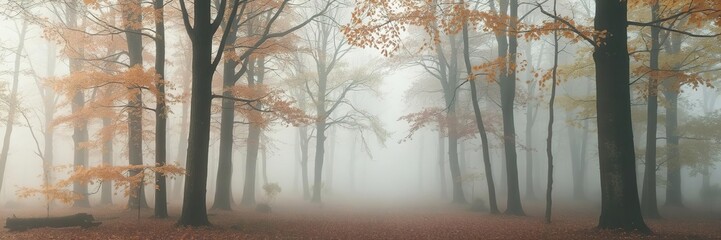 Wall Mural - Soft diffused light filters through the mist, creating a dreamy and ethereal atmosphere in the autumn forest, tranquil, ethereal, peaceful
