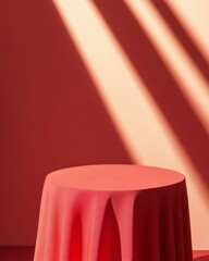 Aufkleber - Minimalist Red Table with Diagonal Light Shadows in a Monochromatic Setting