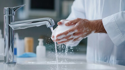 Washing hands with soap under modern faucet, emphasizing hygiene and cleanliness in clinical setting. This image highlights importance of proper handwashing techniques