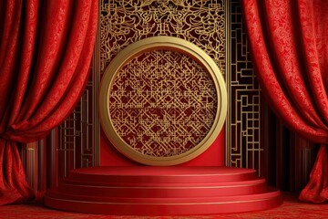 Wall Mural - 3d Chinese red podium stage with golden ornament arch and gold lattice. Realistic vector pedestal with curtains, round ornate arc adorned with intricate patterns. with generative ai