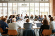 © VERTEX SPACE - Collaborative meeting with diverse professionals engaged in discussion around large table, showcasing teamwork and communication in modern office setting