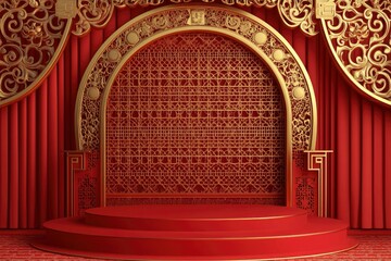 Wall Mural - 3d Chinese red podium stage with golden ornament arch and gold lattice. Realistic vector pedestal with curtains, round ornate arc adorned with intricate patterns. with generative ai