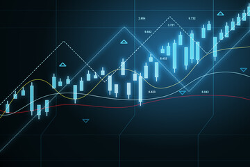 Fototapete - Market growth concept with bright glowing digital rising candlestick and diagram on dark technological background. 3D rendering