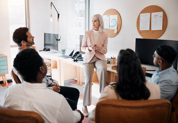 Wall Mural - Business, mature leader and training team in office on risk management, financial planning or compliance. Finance department, diversity or people with upskilling to assess sales performance or budget