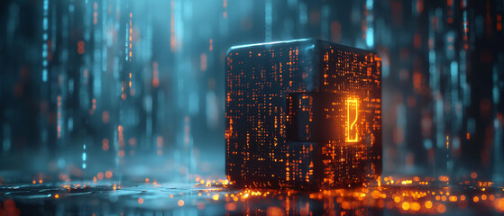 Mysterious glowing cube with digital code in a futuristic setting.