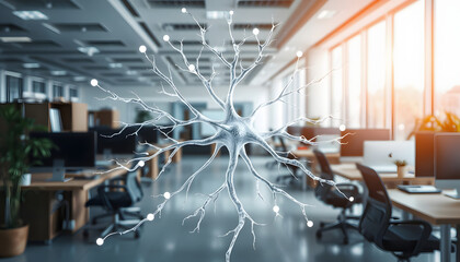 Wall Mural - double exposure of neuron drawing and office interior background. concept of education isolated with